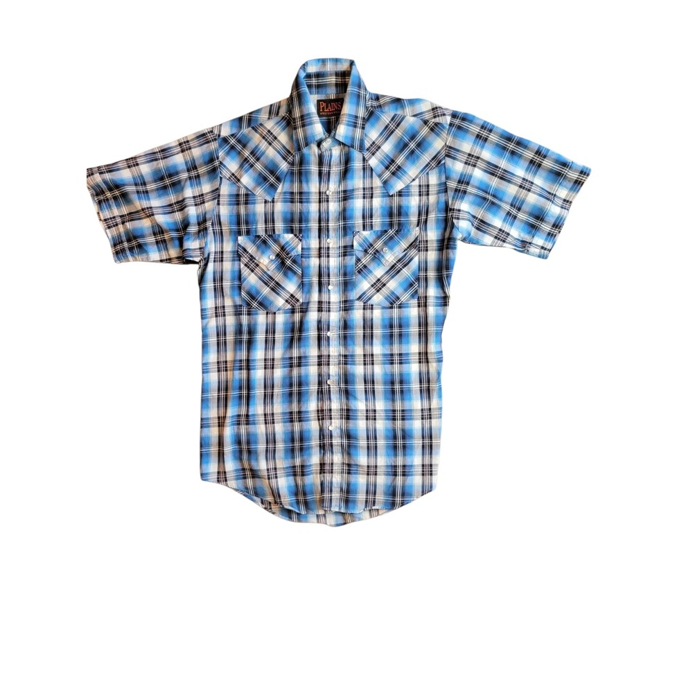 Plains Western Wear Shirt Mens S Blue Black Plaid Excellent Pearl Snap Short Slv